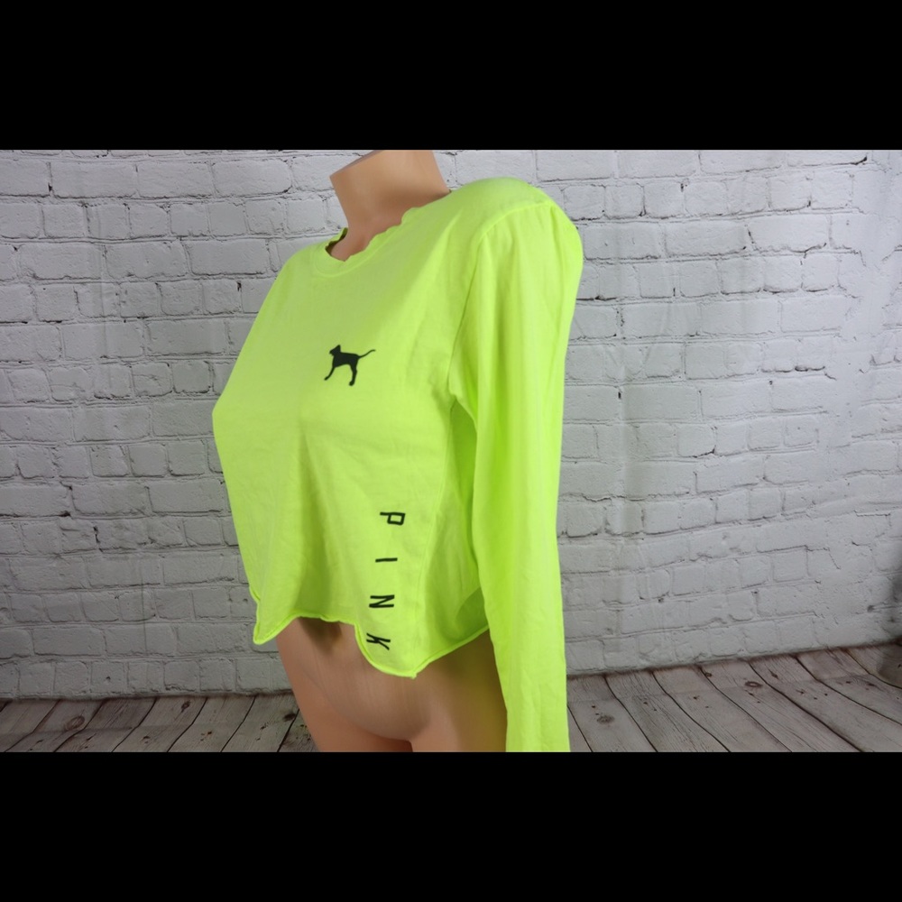 VS PINK Logo Print Long Sleeve Crop Top Neon Green - Picture 6 of 6